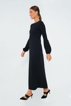 As cozy as a sweater and as chic as a dress, the Lennox will take you from clocking hours at the office to holiday cocktail parties with a quick switch of accessories. Crafted from a double knit fabric that's ultra slimming and even more comfortable, this minimalistic maxi is ready to be dressed up or down with its blouson sleeves and textured bodice details. Pair it with flats and gold hoops for effortless styling and a casual-cool vibe, or dress it up with heels and a clutch. Crewneck Long blo Evening Fitted Knit Sweater Dress, Elegant Stretch Knit Maxi Dress, Chic Knit Sweater Dress For Evening, Elegant Knit Midi Dress For Work, Chic Knit Evening Dresses, Elegant Long Sleeve Knit Midi Dress, Modern Black Maxi Dress For Work, Elegant Knit Dresses For Workwear, Elegant Knit Maxi Dress