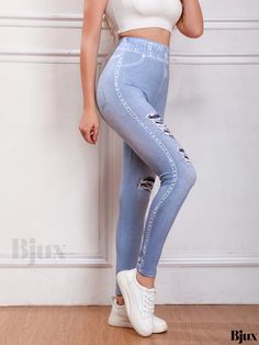 Bjux - Premium Quality Stretchy Skinny Leggings with Denim Print Design, Comfortable High Waist Casual Pants for Womens Fashion High Stretch High Rise Casual Leggings, High Rise Stretch Ripped Pants, High Rise Ripped Stretch Pants, Mid-rise Stretch Ripped Pants, Casual Stretch Denim Blue Jeggings, Stretch Denim Straight Leg Leggings, Ripped Stretch Jeggings For Spring, Trendy Stretch Light Wash Pants, Casual Stretch Ripped Pants