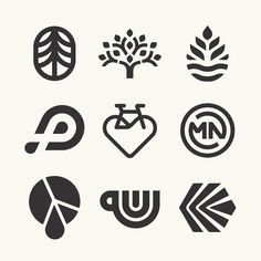 various logos and symbols are shown in this set, including trees, leaves, heart, arrow