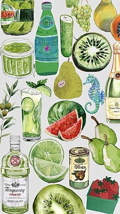 an illustration of various fruits and drinks on a white background, including watermelon