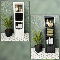 there are two shelves that have towels and candles in them on the floor next to a potted plant