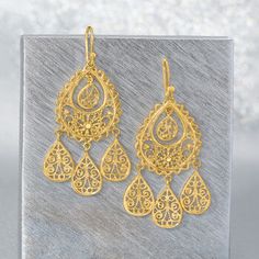 Ross-Simons - 18kt Gold Over Sterling Filigree Chandelier Earrings. An intricate pair of chandelier earrings for your fine jewelry collection. Gorgeous 18kt yellow gold over sterling silver filigree creates this unique eye-catching teardrop design. Hanging length is 2 3/8". Earwire, 18kt gold over sterling filigree chandelier earrings. Filigree Earrings Suds, Gold Filigree Earrings, Gold Jewellry, Bridal Jewelry Collection, Filigree Earrings, Sterling Silver Filigree, Gold Filigree, Fine Jewelry Collection, Silver Filigree