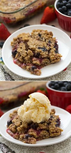 two plates with dessert and ice cream on them