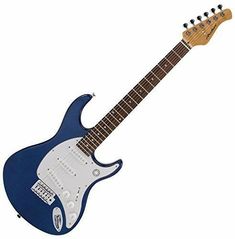 a blue and white electric guitar on a white background