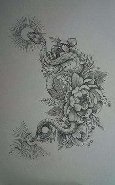 a drawing of a bird with flowers on it's body and sun in the background