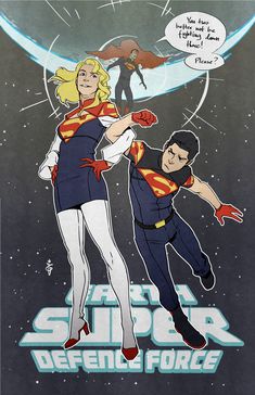 an image of two people in space with the caption, captain super defend force