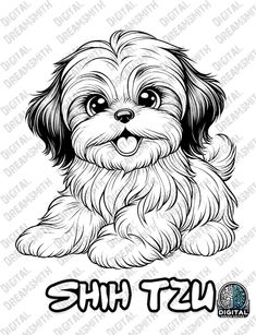 a black and white drawing of a dog with the words shih tzu on it