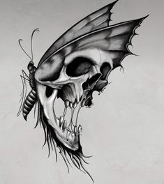 a drawing of a skull with a butterfly on it's head