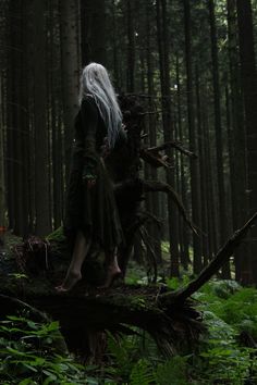 a woman with long white hair is standing on a log in the middle of a forest