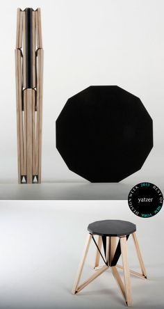 the stool is made out of wood and black fabric