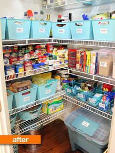 an organized pantry with blue bins and plastic containers on the shelves, labeled after