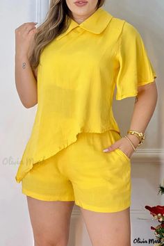 Olivia Mark - Womens Short Sleeve Asymmetrical Two-Piece Set in Stylish Yellow with Solid Design and Turndown Collar Asymmetrical Hem Top, Two Piece Short Set, Chic Type, Turndown Collar, Asymmetrical Tops, Floral Print Shorts, Short Shirts, Shorts Set, Two Pieces