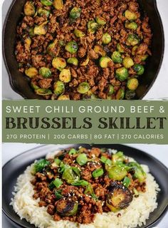 the cover of sweet chili ground beef and brussel sprouts skillet