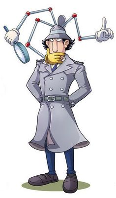 a cartoon character wearing a trench coat and pointing at something with his hands in the air