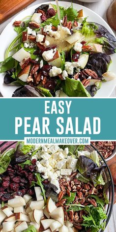 a salad with pears and pecans in it