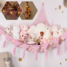 there are many stuffed animals in the pink hammock with lights on it's sides