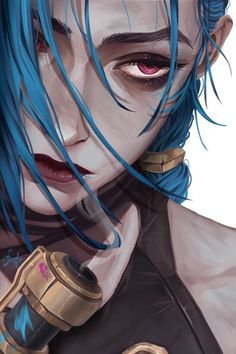 an anime character with blue hair and piercings on her face, holding a pipe