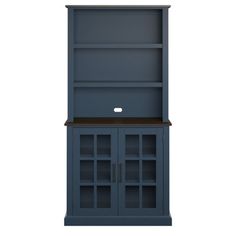 a blue bookcase with two doors and shelves