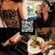 a woman in leopard print dress holding a plate with food on it and wearing sunglasses