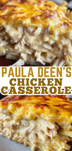 this is an image of a chicken casserole with cheese on top and the words paula deen's chicken casserole above it