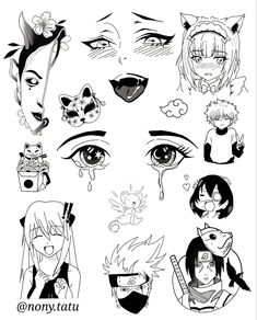 various anime faces drawn in black and white