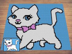 a white cat with a pink bow tie is shown on a blue background, next to an image of a dog