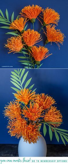 two pictures of orange flowers in a white vase with green leaves on the top and bottom