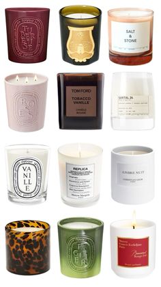 many different types of candles with labels on them