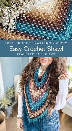 the easy crochet shawl is made with two different colors and has fringes