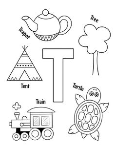 the letter t is for turtle, train and teepee tree with pictures to color