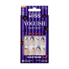 Unleash your Halloween spirit with KISS Limited Edition Voguish Fantasy Press-On Nails with glue. Perfect for the spookiest night of the year, these easy to activate glow-in-the-dark nails come in a wicked array of styles, colors, shapes, and sizes. Achieve spellbinding, salon-quality nails that look and feel eerily natural. These DIY fake nails feature enchanting designs that will keep your nail game bewitchingly bold and are sure to ‘cast a spell’ on everyone you meet. Diy Fake Nails, Kiss Press On Nails, Kiss Products, Impress Nails, Halloween Press On Nails, Pink Gel Nails, Fantasy Nails, Gel Glue, October Nails