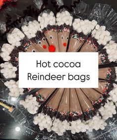 hot cocoa reindeer bags are arranged in a circle