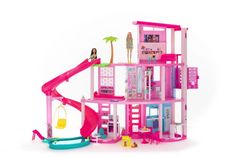 a pink doll house with a slide and pool in the middle, on a white background