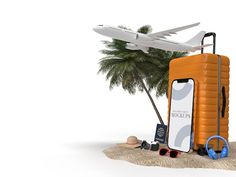 an orange piece of luggage sitting on top of a sandy beach next to a palm tree