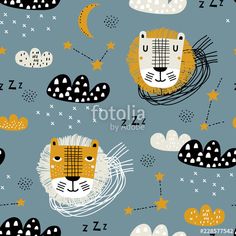 a pattern with lions, clouds and stars on a blue background for children's wallpaper