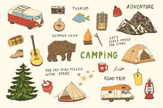 an illustrated map with camping related items