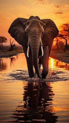 an elephant walking into the water at sunset