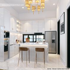 a kitchen with two stools and a center island in front of a refrigerator freezer