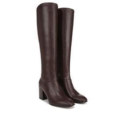 Stand tall in an ultra-sleek knee-high boot with modern design endless comfort and covetable style. Leather faux leather or crocco-printed leather upper. Side zip for easy on/off. Square toe. Sleek silhouette. 16.73 inch shaft height 13.23 inch circumference. 2.76 inch block heel. Model Height 5ft. 5in. and wears a size 6 Measurements taken from base of the heel up 34cm. Right calf measures 32.2cm. Left calf measures 32.0cm. Wide Calf Tall Boots, Wide Calf Knee High Boots, Fall Boots Outfit, Tall Brown Boots, How To Stretch Boots, Franco Sarto Shoes, Womens Knee High Boots, Wide Calf, Boots Knee