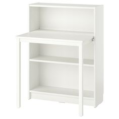 a white bookcase with two shelves and one shelf on the bottom, against a white background