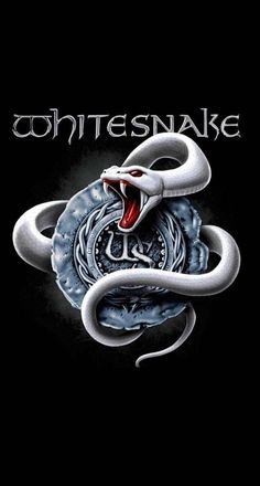 a white snake with its mouth open and the words whitesnake on it