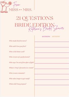 Join in the fun and interactive game at the bridal shower, where guests will answer some questions about the bride and groom!  Share some laughs and heartwarming stories as we celebrate their love and uncover the special moments that make their relationship unique. Please note: To access with template with Canva you must have a Canva account.   Important Information:  - Because digital files are permanent, once your purchase is completed, you'll receive an instant PDF download, and we cannot off Questions About The Bride, Fun Bridal Shower Games, Bridal Shower Activities, I Loved You First, Say Im Sorry, Making The First Move, Interactive Game, Wedding Games, Heartwarming Stories