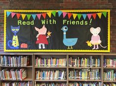 the children's library has bookshelves with cartoon characters on them, and there is a sign that reads read with friends