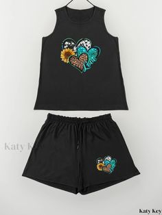 Katykey - Womens Plus Size Casual Loungewear Set: Leopard Heart, Sunflower, and Letter Print Tank Top with Drawstring Shorts - Two Piece Pajama Set Heart Sunflower, Two Piece Pajama Set, Print Tank Top, Loungewear Set, Drawstring Shorts, Printed Tank Tops, Print Tank, Plus Size Casual, Cartoon Styles