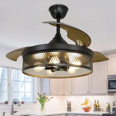 This caged ceiling fan features black spray paint, which is made of high quality metal. The retractable fan blade and cage looks retro. The lampshade are unique, durable, and no dusk, easy to clean. You can turn off the power supply directly. Moreover, it has a powerful motor which is running more stable and balanced in the stronger wind. creates a quiet and comfortable living and sleep environment. Metal Cage & Retractable Blades: This ceiling fan with lights can be retractable automatically wh Flush Mount Ceiling Fans, Living Room Retro, Room Retro, Caged Ceiling Fan, Kitchen Dining Living Room, Ceiling Fan With Lights, Farmhouse Ceiling Fan, Fans With Lights, Ceiling Fans With Lights