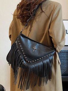 Vintage Leather Crossbody Bag, Boho Style Shoulder Bag, Tassel Rivet Cross Decor Trendy Shoulder Bag With Tassels, Travel Clutch Bag With Tassels, Chic Clutch Shoulder Bag With Tassels, Chic Tassel Clutch Shoulder Bag, Travel Fringe Pouch Shoulder Bag, Travel Shoulder Bag With Fringe And Pouch Shape, Travel Shoulder Bag With Fringe In Pouch Shape, Travel Crossbody Shoulder Bag With Tassels, Travel Fringe Clutch Bag