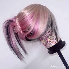 Blonde Roots Colored Ends, Hair Color Combo Ideas, Blonde Pink Black Hair, Under Halo Hair Color, Holographic Hair Peekaboo, Bimbocore Hair, Blonde Black And Pink Hair