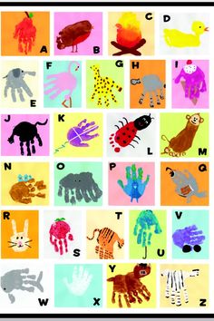 an alphabet poster with different handprints and animals on it, including the letter d