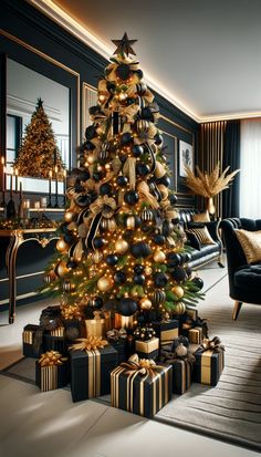 a decorated christmas tree in a living room with black and gold ornaments on the top