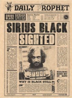 an old newspaper with the caption sirius black scepted on it's front page